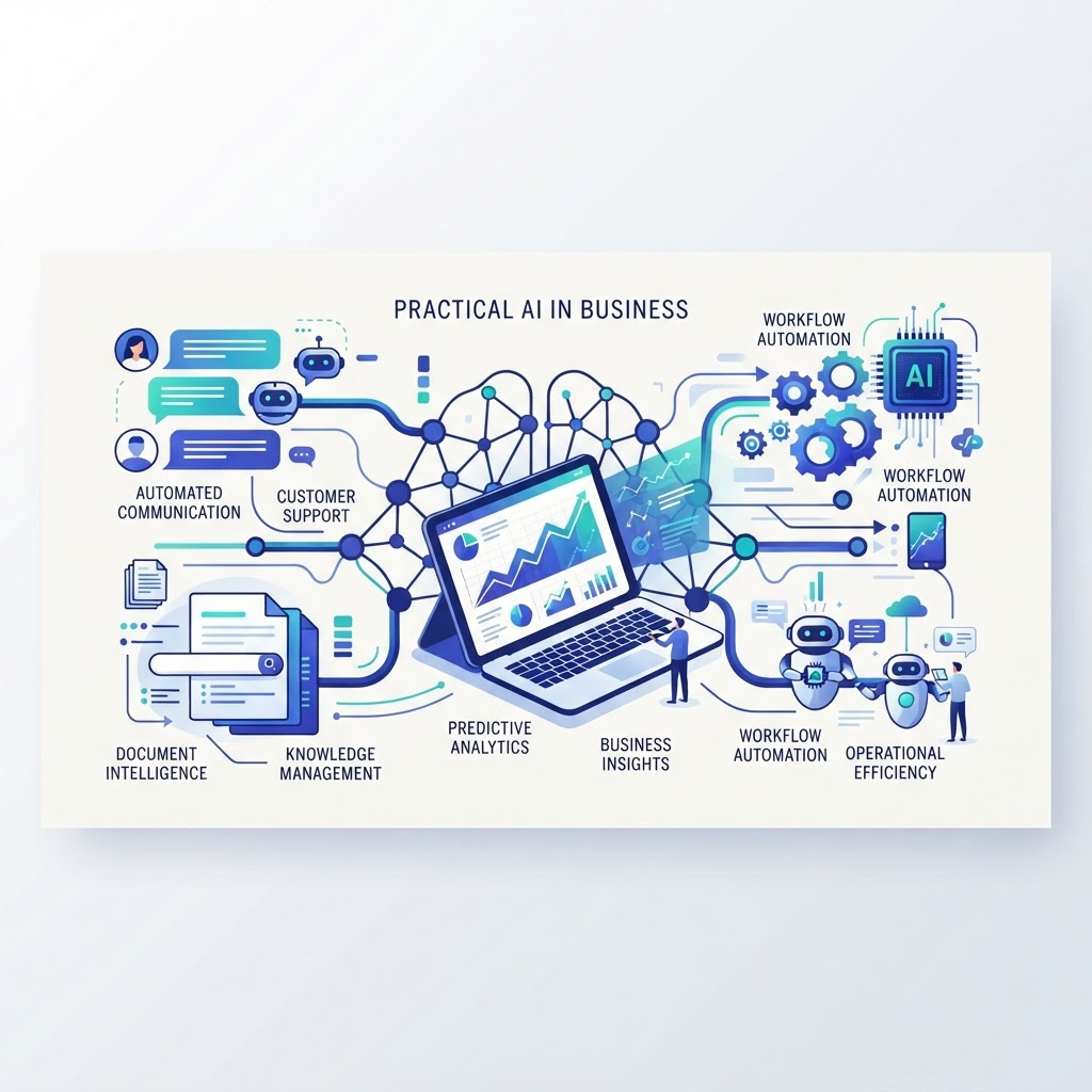 Practical AI applications in business including chatbots and analytics